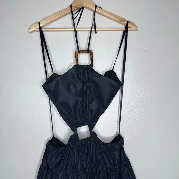 Staud Dome Halter Neck Cut Out Maxi Dress Tiered Skirt Black Size Medium - Picture 5 of 10